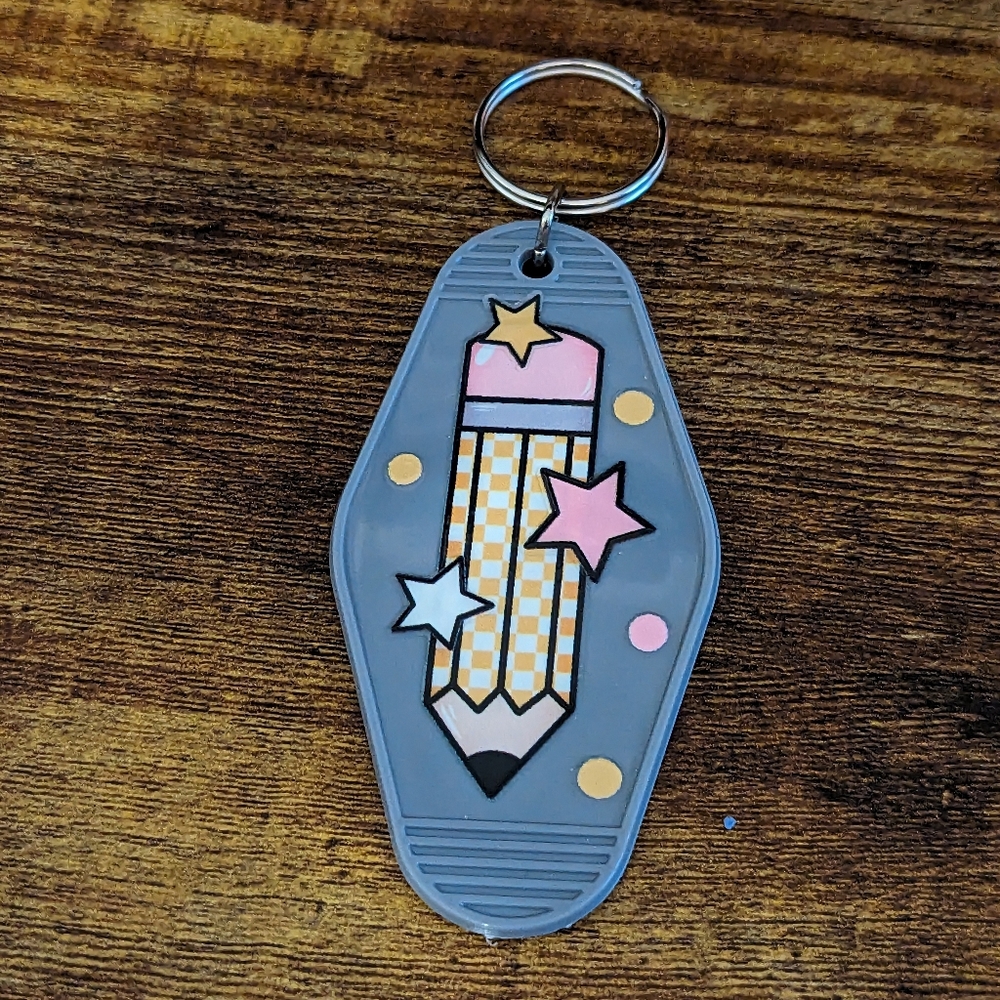 Gray Pencil Themed Motel Keychain NEW!